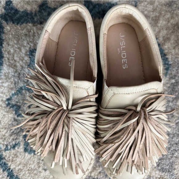 JSlides Leather Fringed Cream Espadrilles - Picture 1 of 3